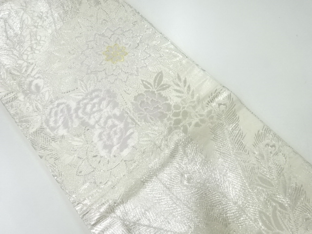 JAPANESE KIMONO / ANTIQUE MARU OBI / WOVEN FLORAL PLANTS